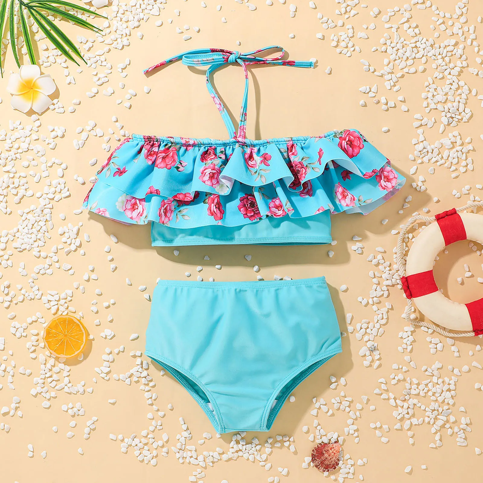 Swimwear Toddler Baby Kid Girls Twopiece Summer Strap Print Ruffles Swimsuit Bathing Suit Set