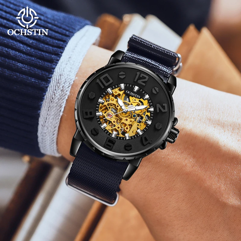 ochstin new 2024 creative nylon series business light luxury watches skeleton mechanical movement men's mechanical watches