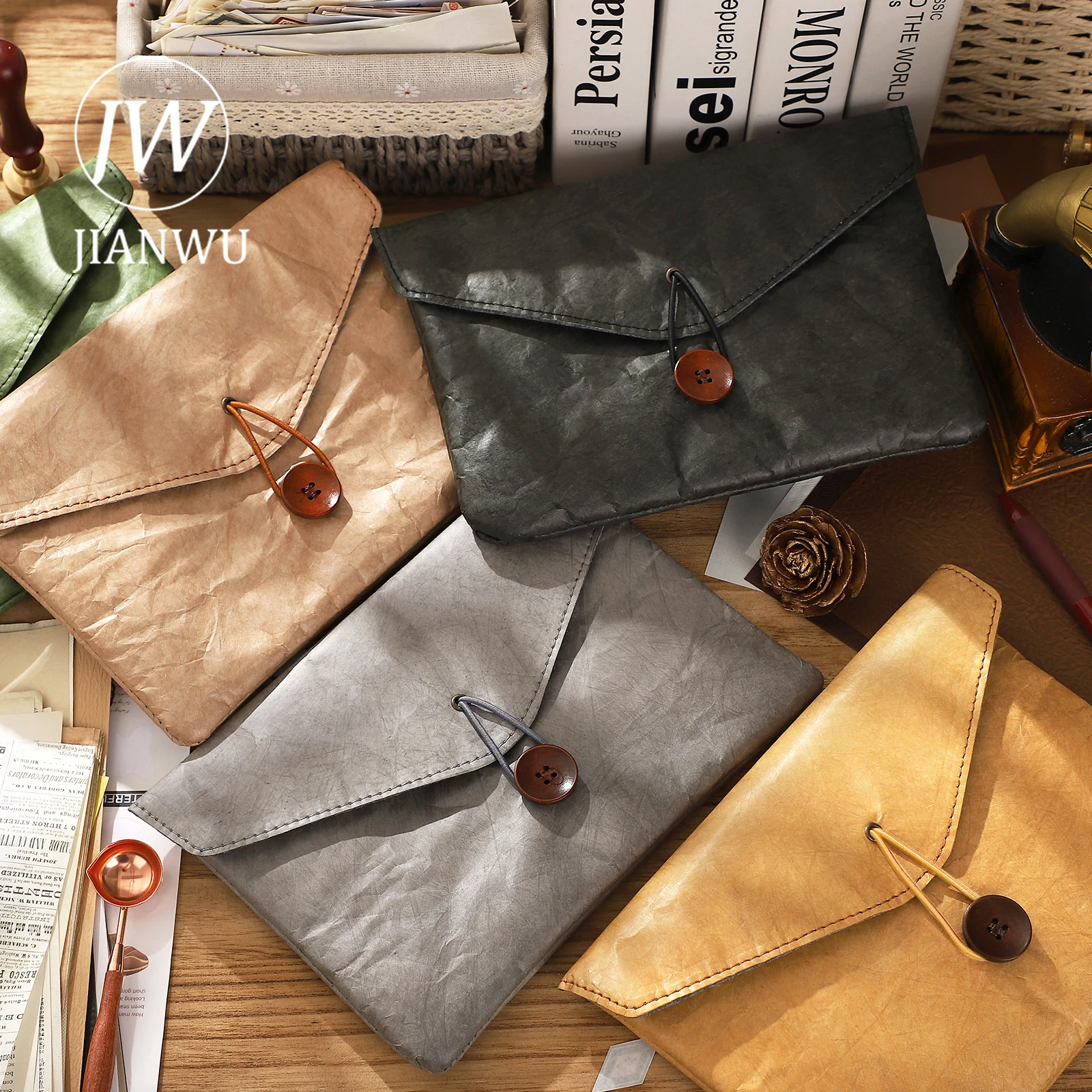 JIANWU Vintage Thin Dupont Paper Waterproof Large Capacity Soft Storage Bag Creative DIY Journal Student Supplies Stationery 3