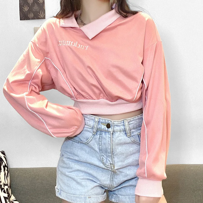 Women New Solid Color High Waist Hoodies Sweatshirt 2024 Fall Winter Loose Fashion Letter Embroidery Long-sleeved Pink Pullover