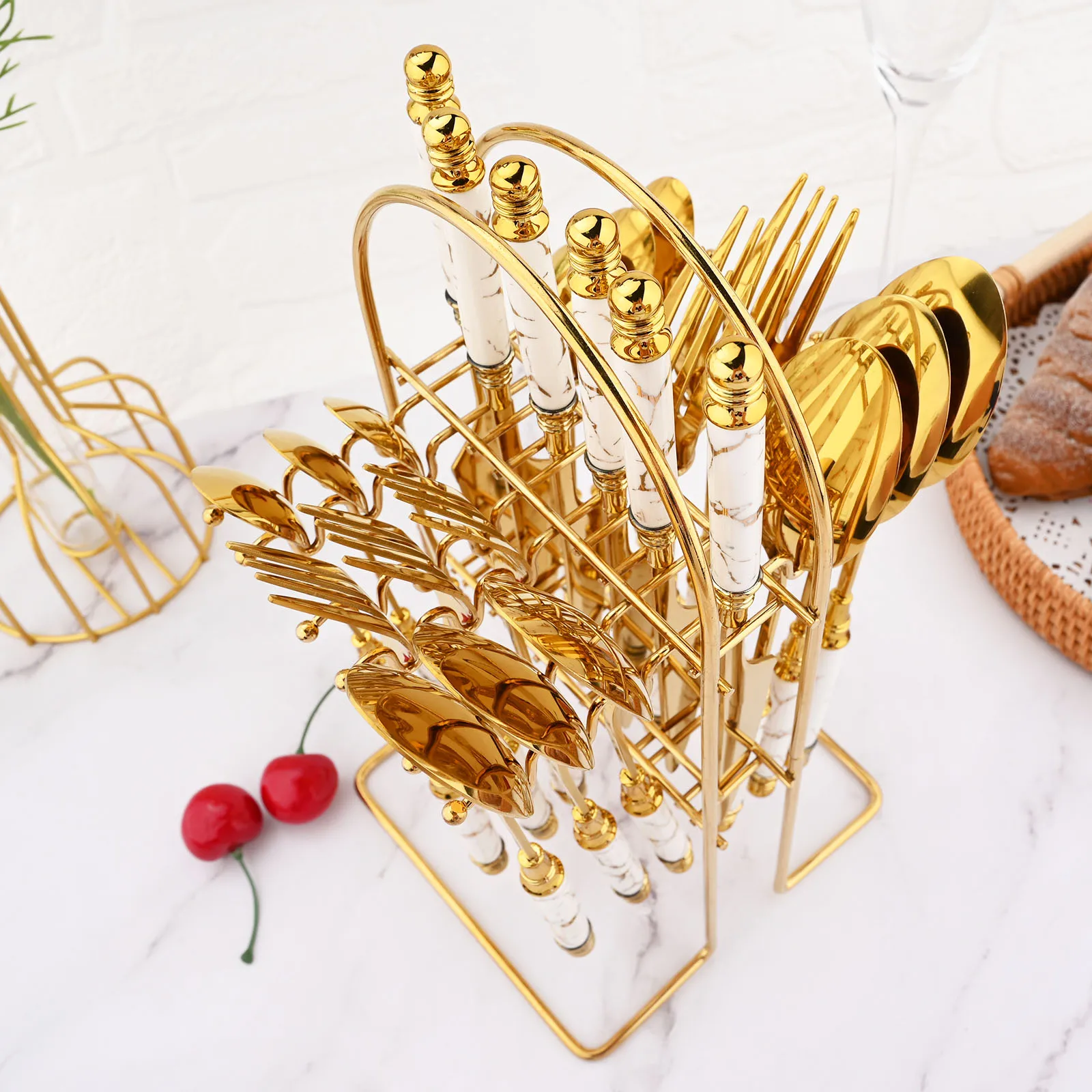 

White Dinnerware Cutlery Set Ceramic Full Flatware Stainless Steel Knife Cake Fork Spoon Set Kitchen Tableware GiftGold Luxury