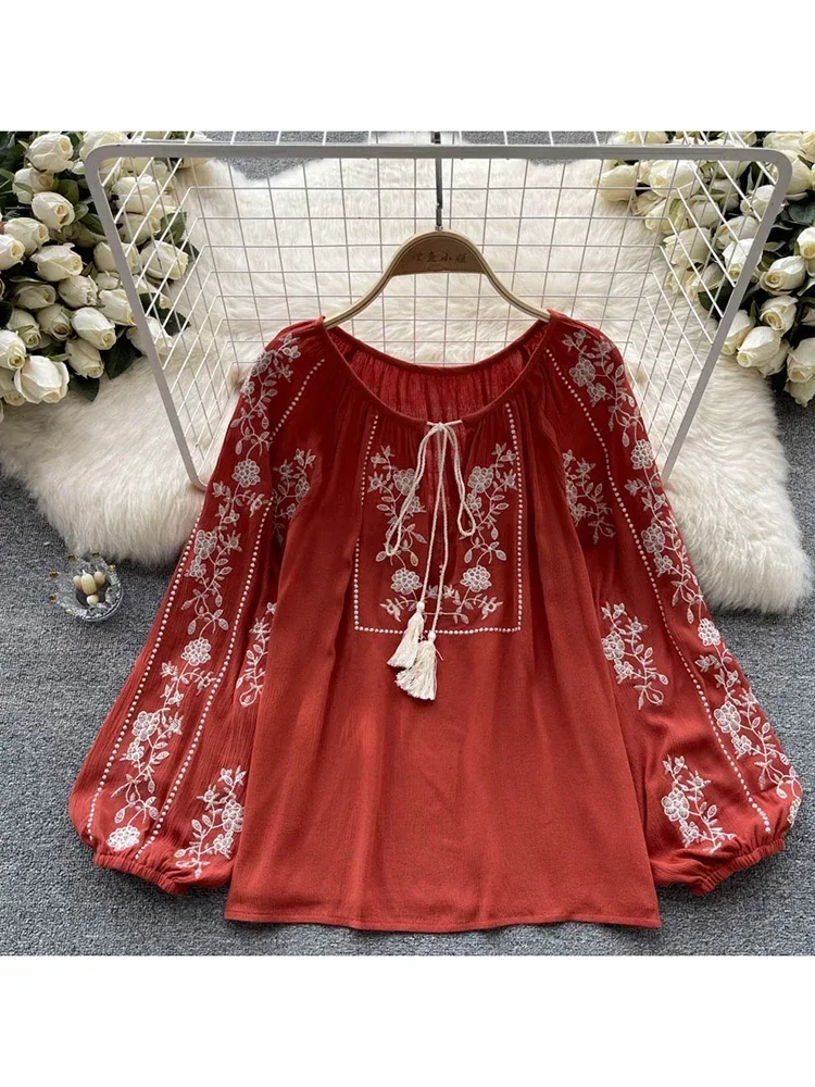 French Antique Border Pullover • RED Women Spring Summer Blouse French Printed Shirt New Loose