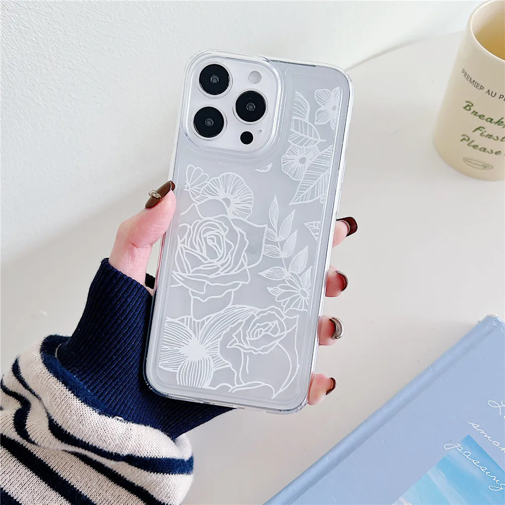 Coque de téléphone à fleurs mignonnes de style coréen INS pour iPhone 15 14 12 13 11 Pro Max 14Plus 15Plus en silicone souple transparent résistant aux chocs_voghion.com