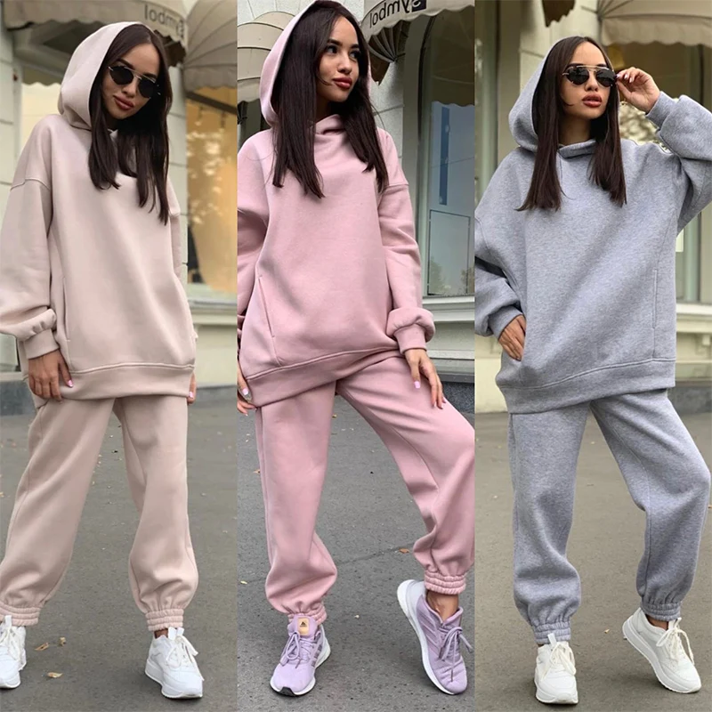 

Women Casual Hoodies Sweatpants Suits Solid Warm Tracksuit 2 Piece Matching Set Autumn Winter Sports Sweatshirts Pants Outfit