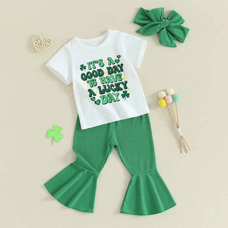 

Toddler Girls St Patrick s Day Outfits Flare Pants Short Sleeve T-Shirts Shamrock Print Pants with Headband Sets