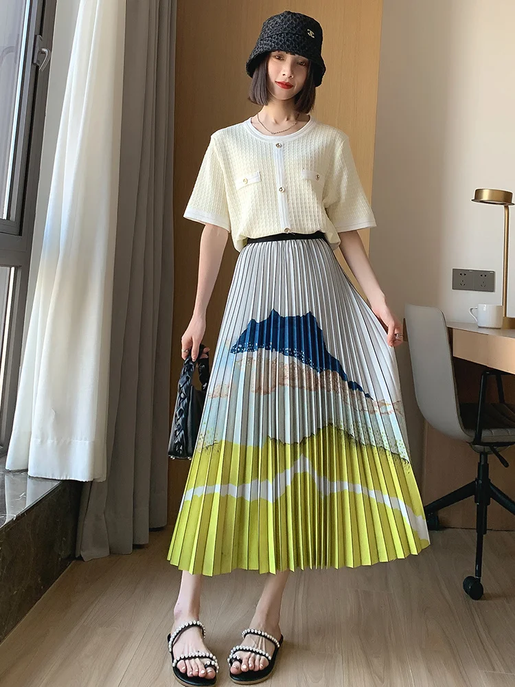 

Fashion Ink Painting Pleated Long Skirt Spring Summer 2023 New High-waisted Slim Fit Mid Skirt Female Chinese Style Faldas Mujer