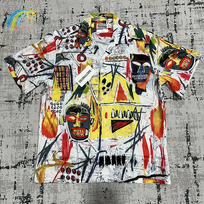 

High Street Full Graffiti Wacko Maria Lapel Pocket Shirt Men Women Summer Hawaii Beach Style Thin Shirts Loose Top Inside Tag