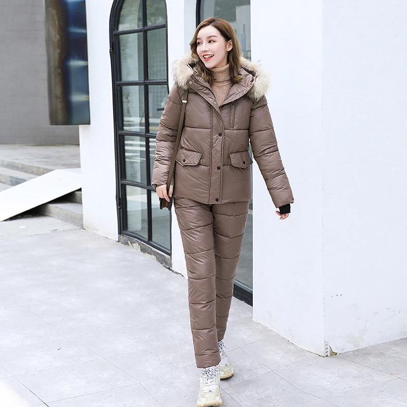 

H 2023 New Women Autumn Winter Hooded Neck Fur Collar Solid Color Long Sleeve Drawstring Two Piece Pant Suits Coat For Fashion