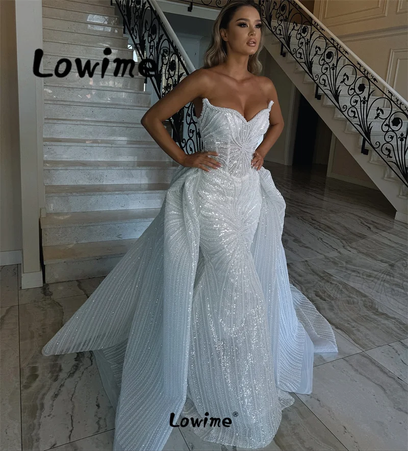 

Glitter Sequined Lace White Wedding Dress Mermaid With Detachable Train Luxury Beaded Pearls Bridal Gowns Vestido De Novia 2024