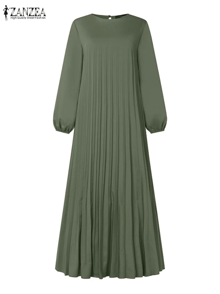 2025 ZANZEA automne robes élégantes femmes col rond à manches longues Robe d'été musulmane dubaï Abaya Robe Femme solide plissé Maxi robes 1