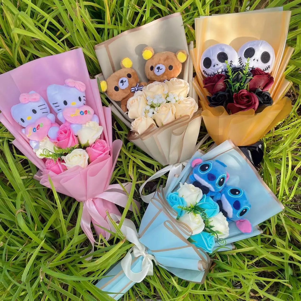 Cartoon Anime KT Cat Stitch Halloween Jack Skellington Plush Dolls Flower Bouquets Graduation Birthday Christmas Valentine Gifts 2
