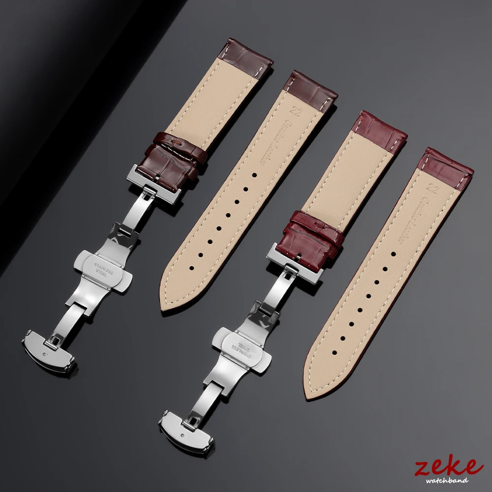 Luxurious Polished Genuine Leather Watch Band with Elegant Wooden Box and Butterfly Buckle - Available in Multiple Sizes