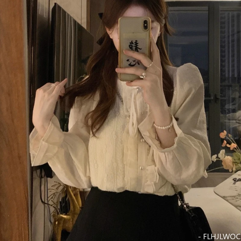 

2024 Hot Bow Tie Tops Women Korean Style Japan Design Long Sleeve Elegant Office Lady Cute Ribbon Sweet Basic Shirts Blouses
