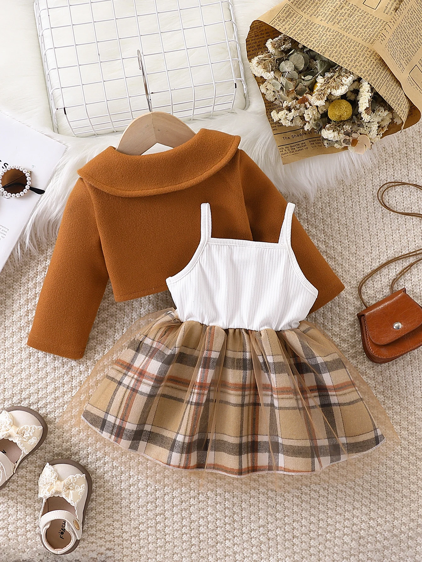 Baby Girl Plaid Tulle Skirt Dress & Cropped Jacket Set 2