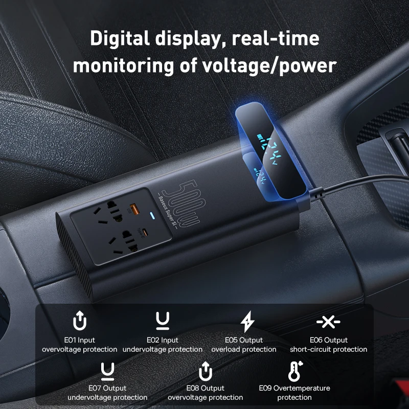 Baseus 500W Car Inverter DC 12V to AC 220V Digital Display Auto Power Inversor USB Type C Fast Charger For Car Power Adapter vehicle inverter car converter inverter car inverter car power converter car charger power adapter power inverter