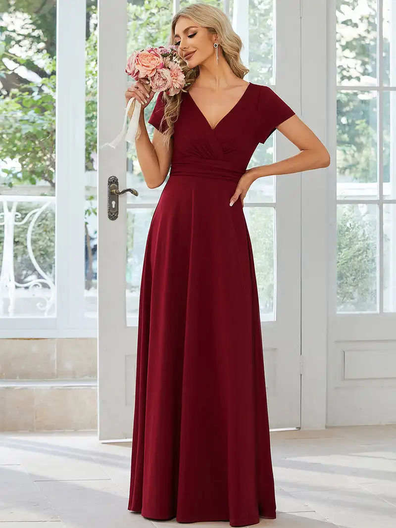 

Elegant Evening Dresses V Neck Short sleeve Ruched Floor Length Ever Pretty 2023 of Chiffon A-line Burgundy Bridesmaid Dresses