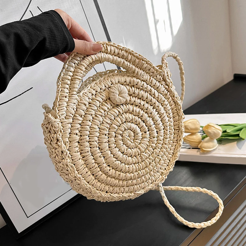 Straw Round Shoulder Bag 2024 Summer New Hawaii Hand-Woven Straw Bag Holiday Beach Beach Women's Handbag