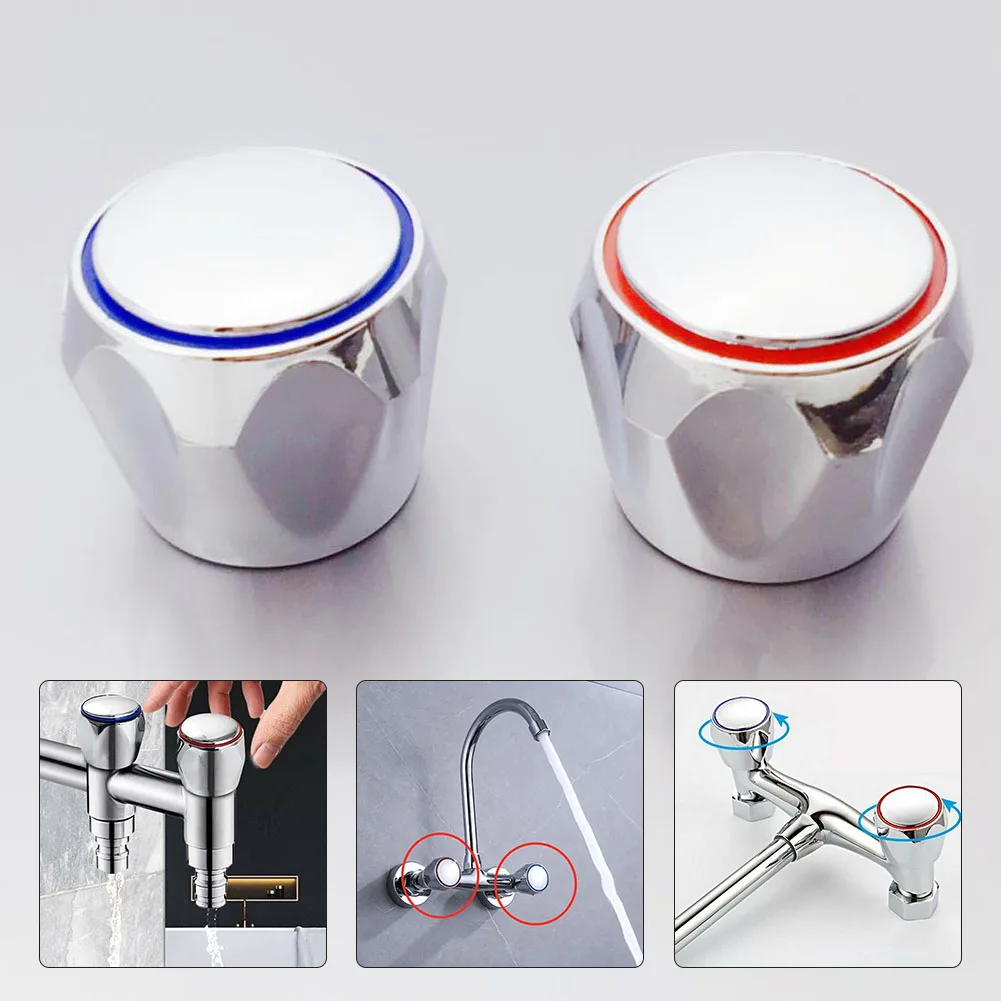 

2Pcs Hot Cold Faucet Handle Knob Universal Replacement Handle Silver Tone Red Blue Faucet Knob Handle Kitchen Accessories