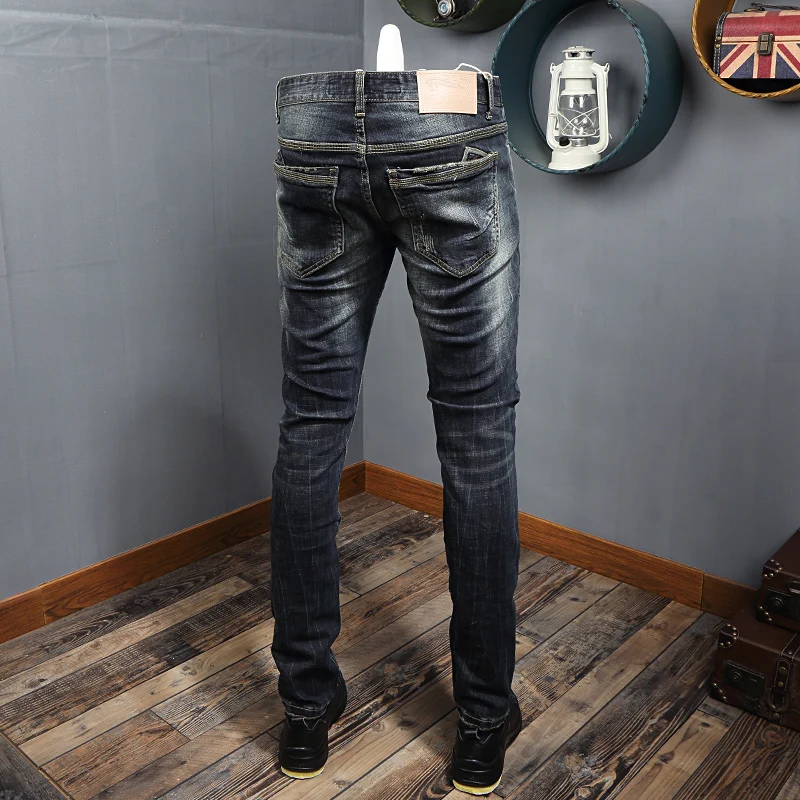 Italian Style Fashion Men Jeans High Quality Retro Black Blue Elastic Slim Ripped Jeans Men Vintage Designer Denim Pants Hombre