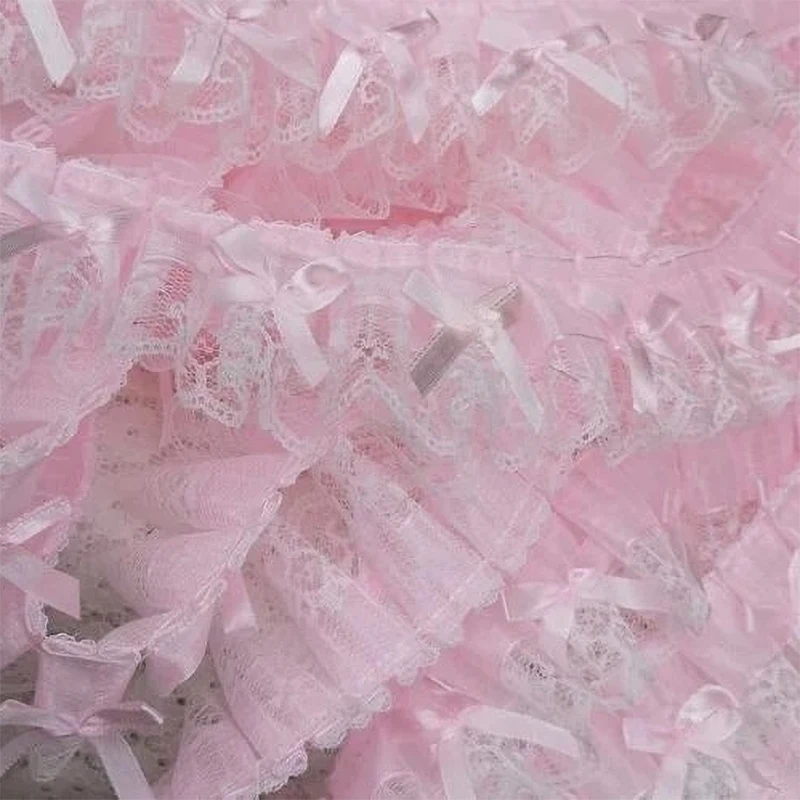 Pink ruffle wave bow embroidery lace fabric trim 1Yard DIY clothing wedding home gift decoration handmade sewing crafts supplies