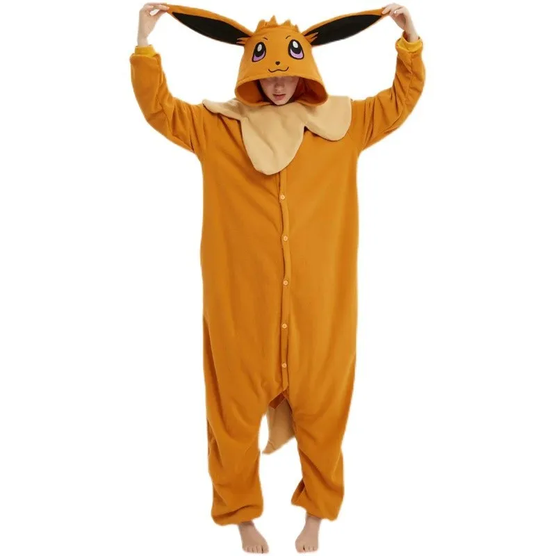 kawaii-cartoon-one-piece-pyjamas-brown-eevee-couple-animation-performance-costume-halloween-clothes-cute-homewear-for-boy-and-girl