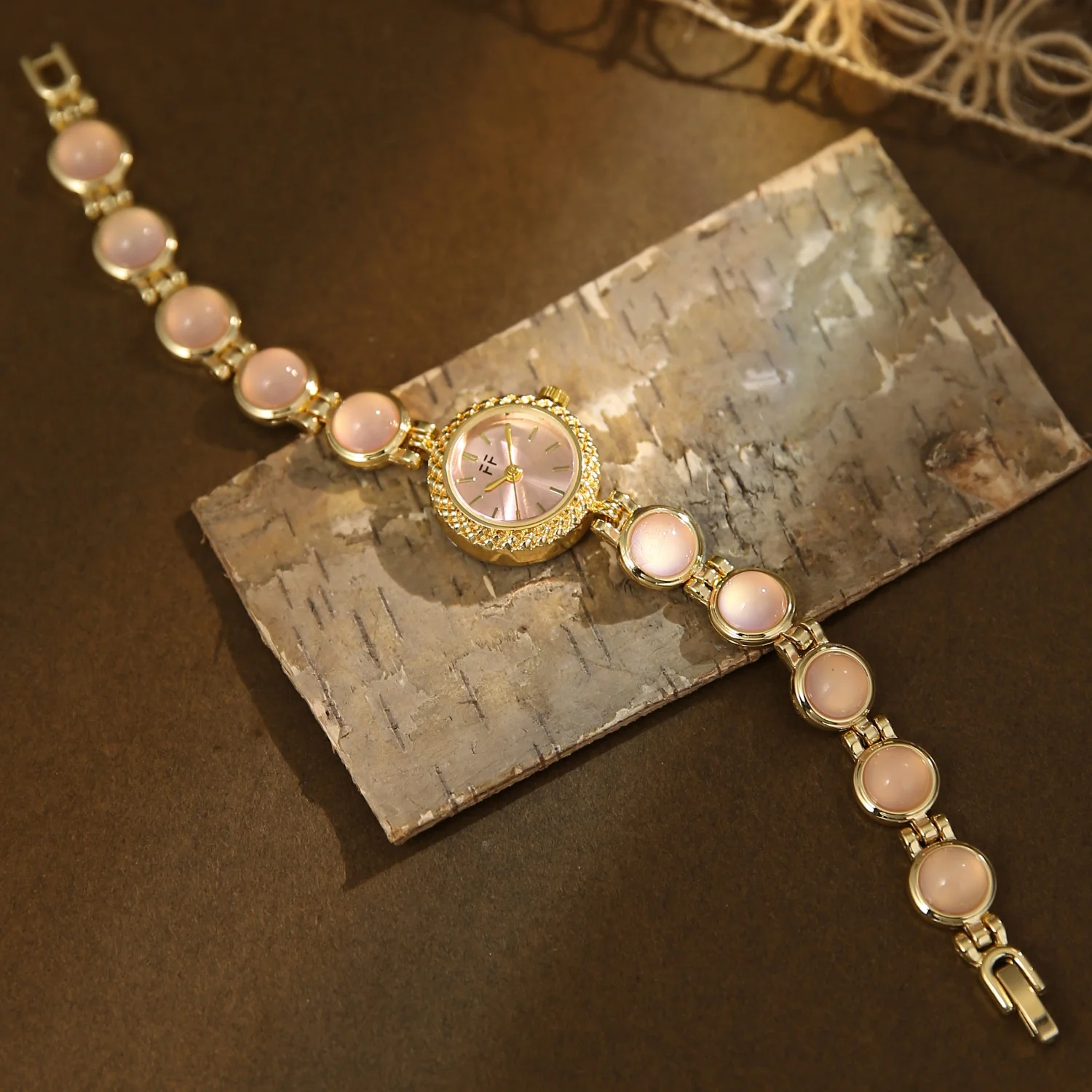 Green Women's Vintage Stone Gold Watch with Colored Gemstone Bracelet