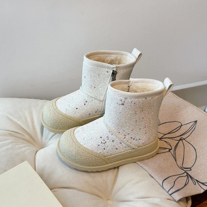 Bottes à paillettes en coton pour filles, taille 26-36, nouveau style hiver 2024, plus veet, deuxième chaussures décontractées pour enfants et bébé_voghion.com