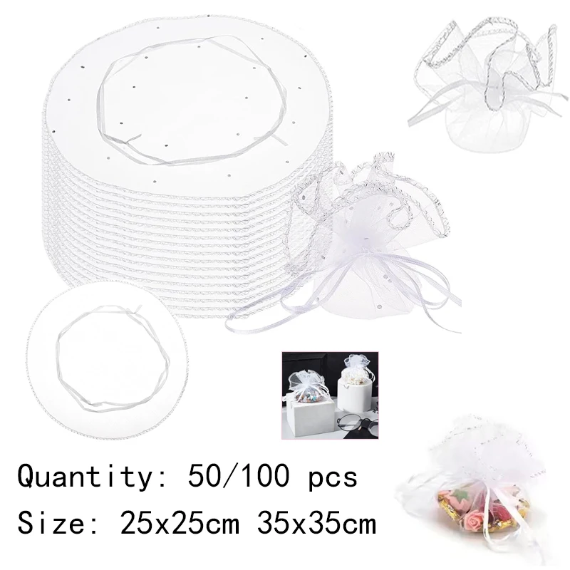 50/100 Stück 25/35cm Tüll-Stoffbeutel mit Kordelzug für Hochzeit, Weihnachten, Geburtstag, Süßigkeiten, Geschenkpräsentation, Runde Organza-Tasche