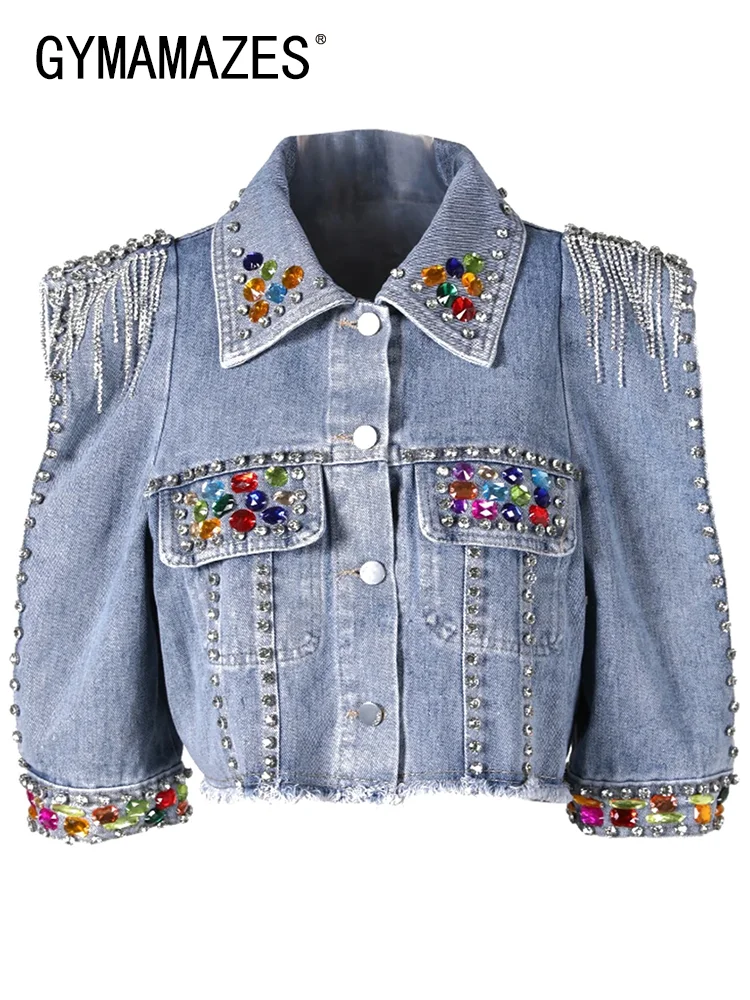 

GYMAMAZES Patchwork Diamonds Denim Jacket For Women Lapel Long Sleeve Spliced Single Breasted Streetwear Jackets Female Fashion