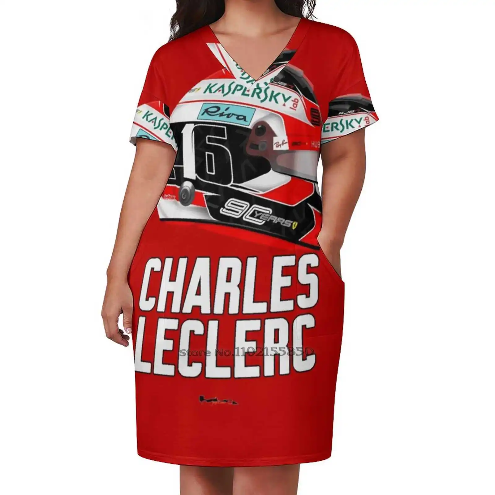 Leclerc 2019 Casco Grande Nome Tasca Allentata Abito Stampa Moda Manica Corta Scollo A V A-Line Dress Rand Prix Auto Racing
