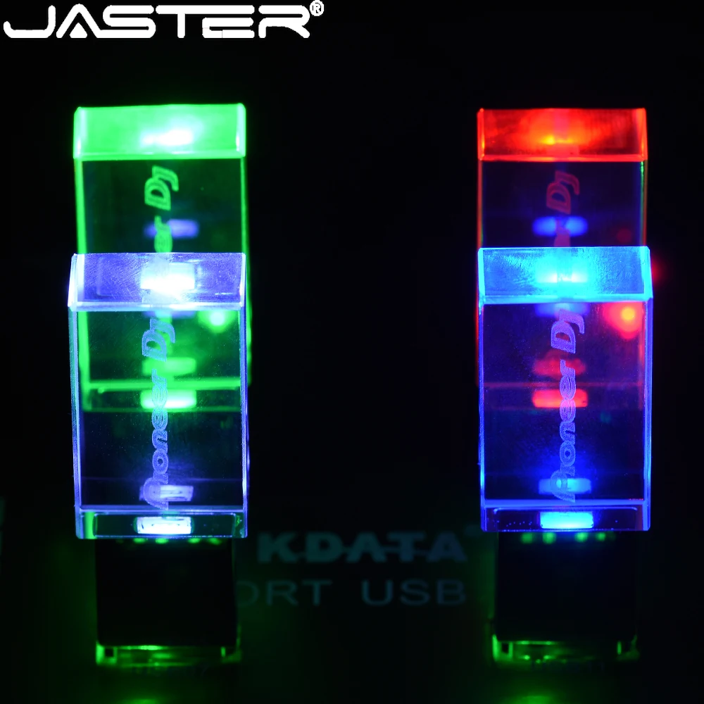 JASTER-새로운 USB 플래시 드라이브 2.0 64GB 32GB 펜 드라이브 16GB 크리스탈 컬러 LED 라이트 8GB, 커스텀 로고 메모리 스틱, 컴퓨터 사무용품 부품, 예쁜, 선물하기 좋은, 커스텀