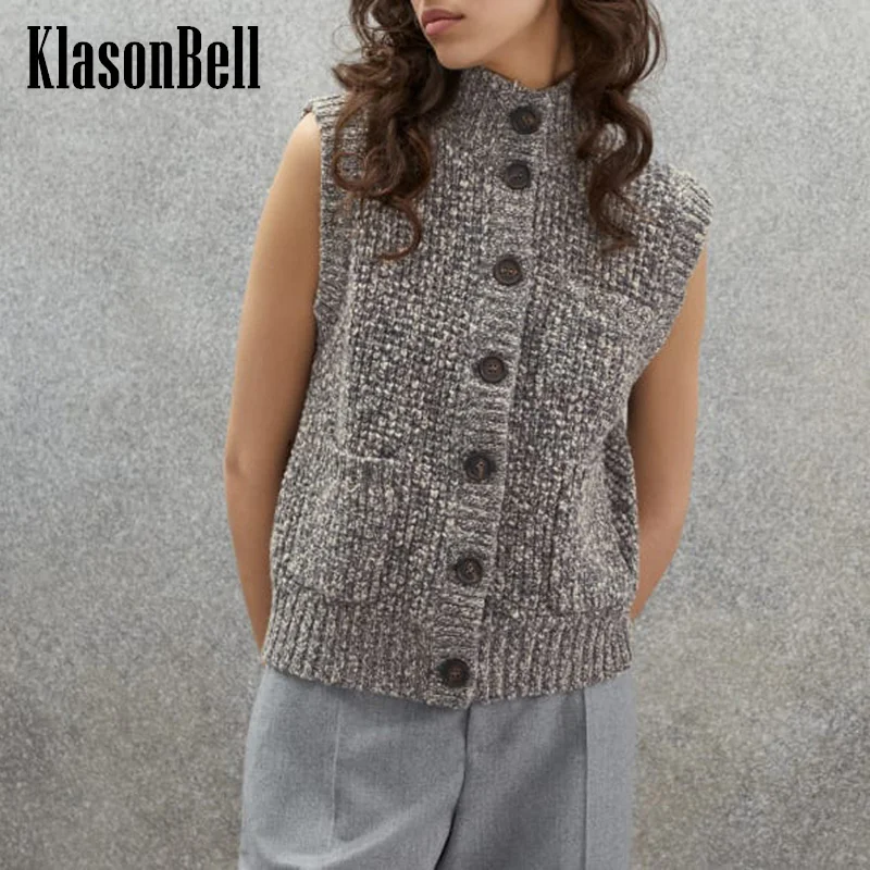 

10.27 KlasonBell Fashion Classic Wool Cashmere Stand Collat Single Breated Double Poacket Knitted Vest Women's