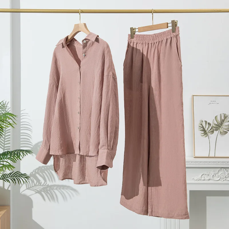 

Summer New COTTON Linen Shirt Set Women's Long Sleeved Vintage Solid Color Sunscreen Top Zen Japanese Women's Wholesale