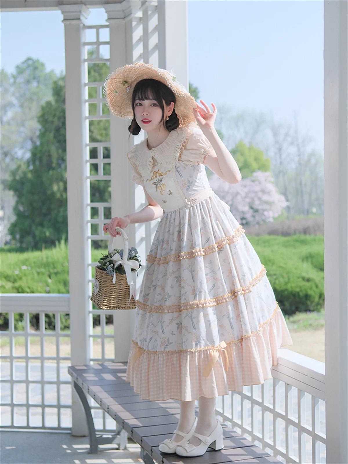Withpuji Original French Vintage Idyllic Style Cosplay Sweet Girls Jsk Lolita Embroidery Cherry Butterfly Grid Ruffle Dress