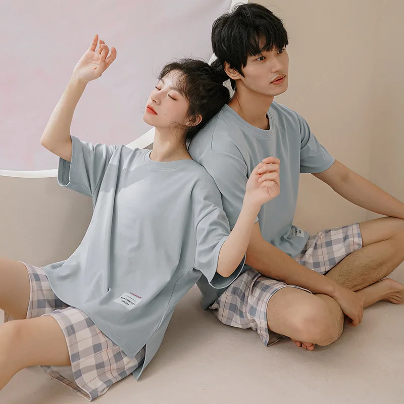 Simple Style Cotton Couples Homewear Summer Short Sleeping Top & Shorts Pajamas Set Men and Women Matching Pijamas Freeship 2020 pajamas women s spring and summer pure cotton tracksuit new style japanese style simple trend short sleeved shorts suit