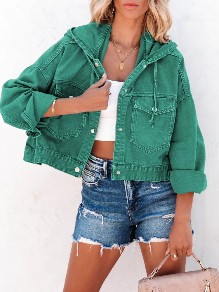 

Women's Denim Jacket Fashion Casual Coat 2023 New Autumn Winter Pure Color Hooded Long Sleeve Denim Women's Jacket Trendy Tops
