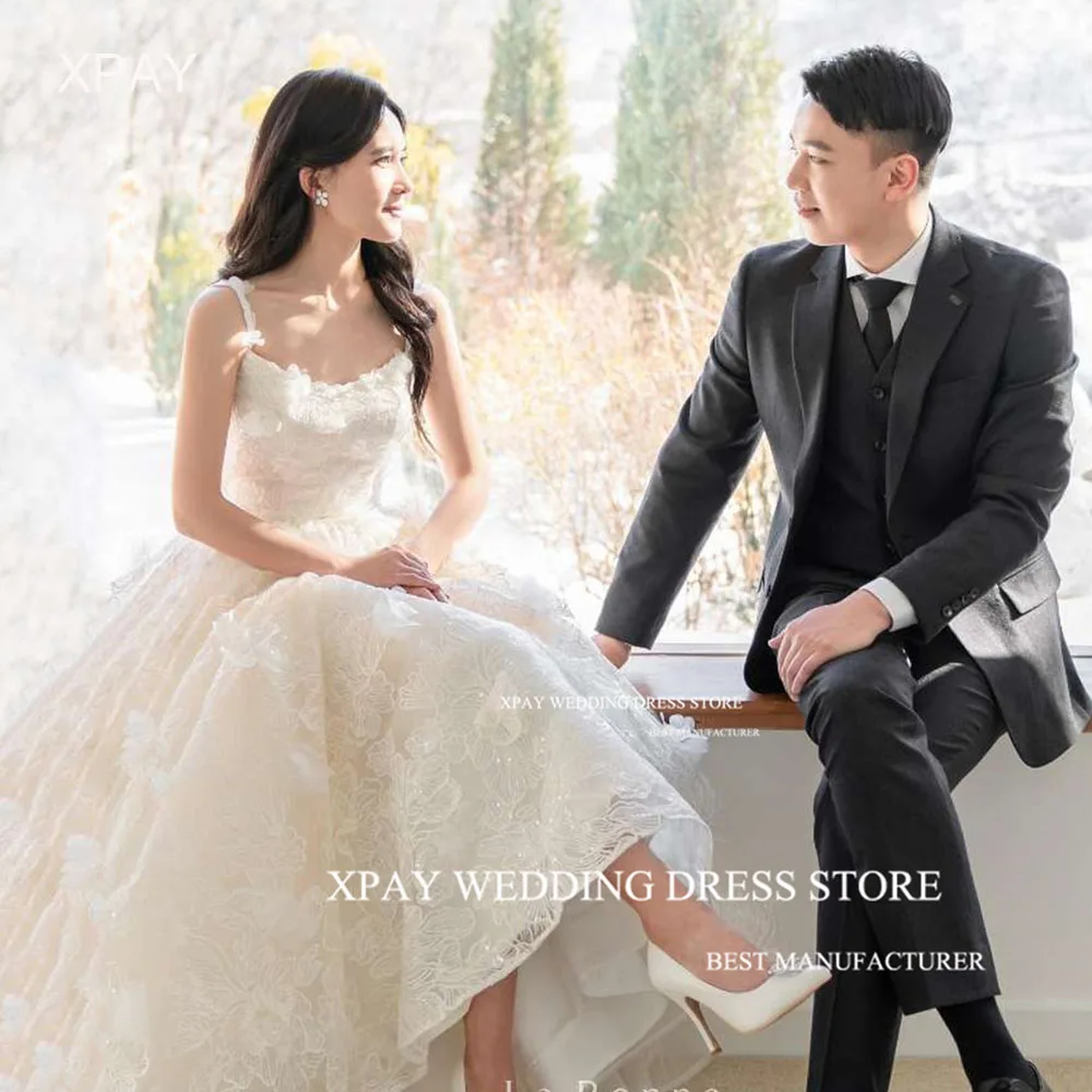

XPAY Luxury A Line Korea Wedding Dresses Photo Shoot Lace Beading Bridal Gown Spaghetti Straps Sleeveless Custom Bride Dress