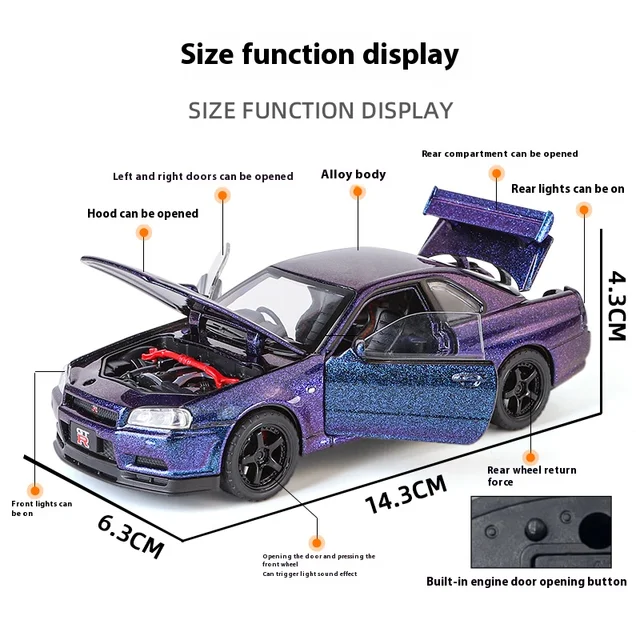 1:32 Nissan GTR R34 Skyline Supercar Alloy Metal Diecast Car Model Sound & Light Collection of Hobby Models Trendy Ornament Gift 2
