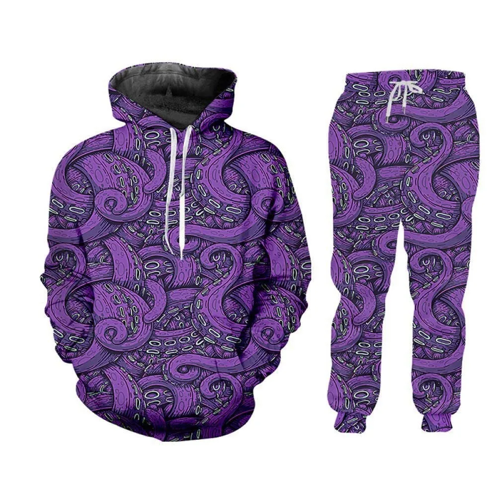 American Street Retro Print Hoodie Set Casual Sports Set Animal Print Wolf Pattern Handsome Versatile Men's Set
