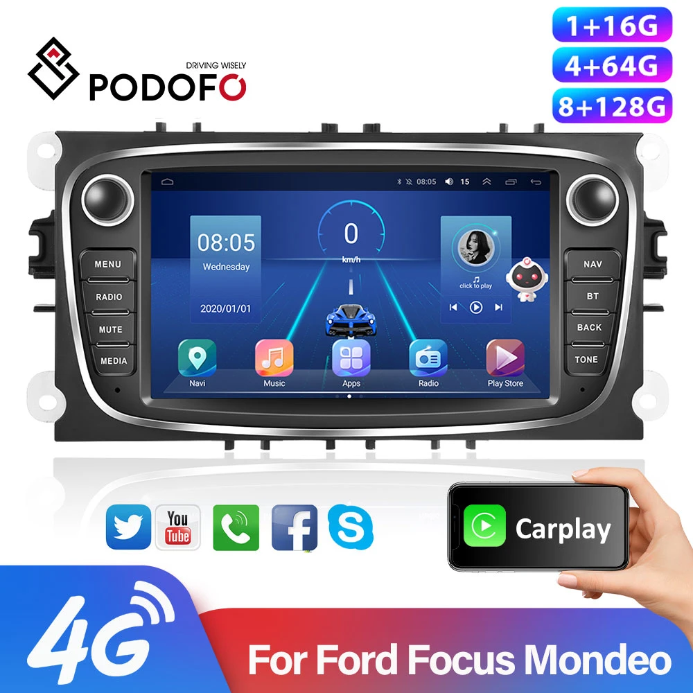 Podofo 4G HIFI Android 10 2 Din Car Radio Multimedia Video Player For Ford Focus S-Max Mondeo 9 Galaxy C-Max Navigation GPS 2din xtrons android car overhead player