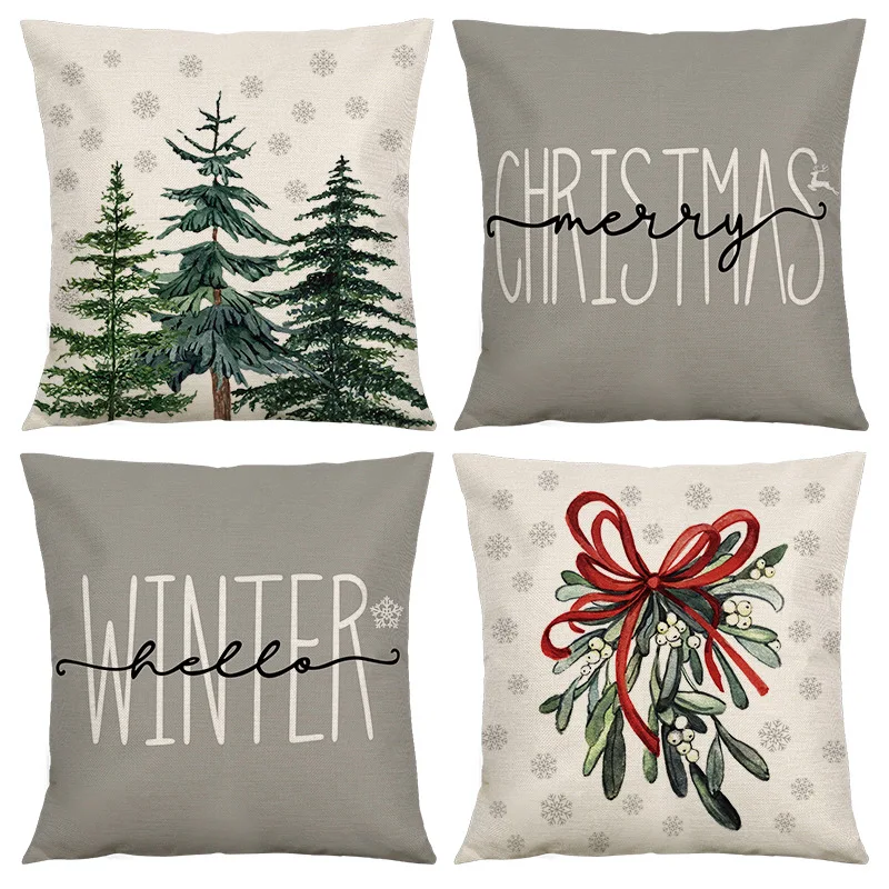 

Christmas Decorating Pillow Covers 18x18 inches Set of 4 for Home Decor Grey Merry Chirstmas Tree Throw Pillow Cushion Cases
