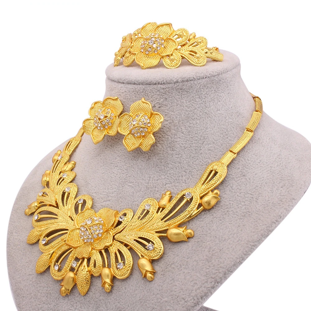 

Dubai Bride 24K Gold Plated Jewelry Set Saudi Women's Necklace Ring Earring Bracelet Four Piece Set Brazilian Wedding Gift