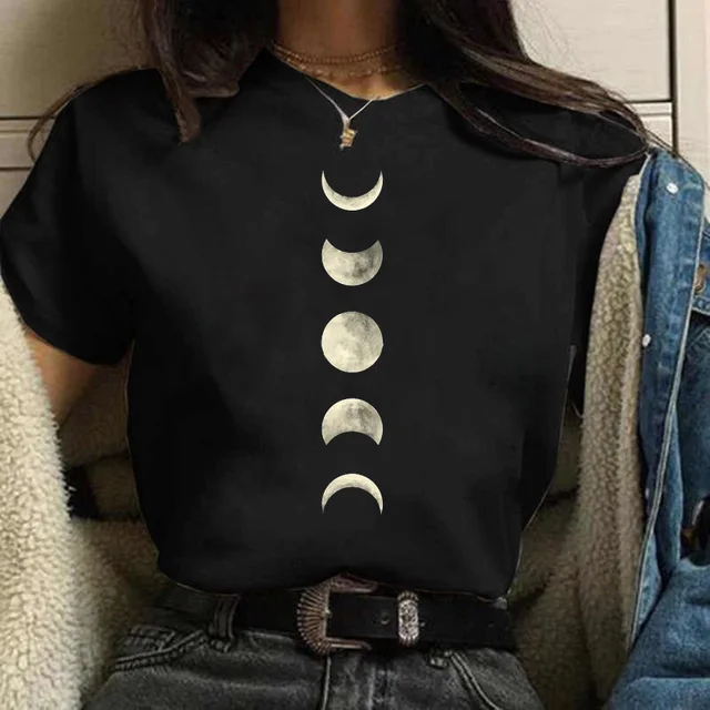 Camiseta con estampado de Moon Space para mujer, blusa informal con cuello redondo Harajuku Y2k, camisetas divertidas para mujer 2023 1