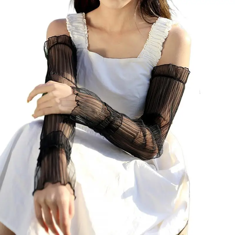 Sommer-Sonnenschutzärmel für Damen, fingerlose Spitzen-Mesh-Armabdeckungen, UV-Schutz, atmungsaktive, dünne Handschuhe für – Detail 6