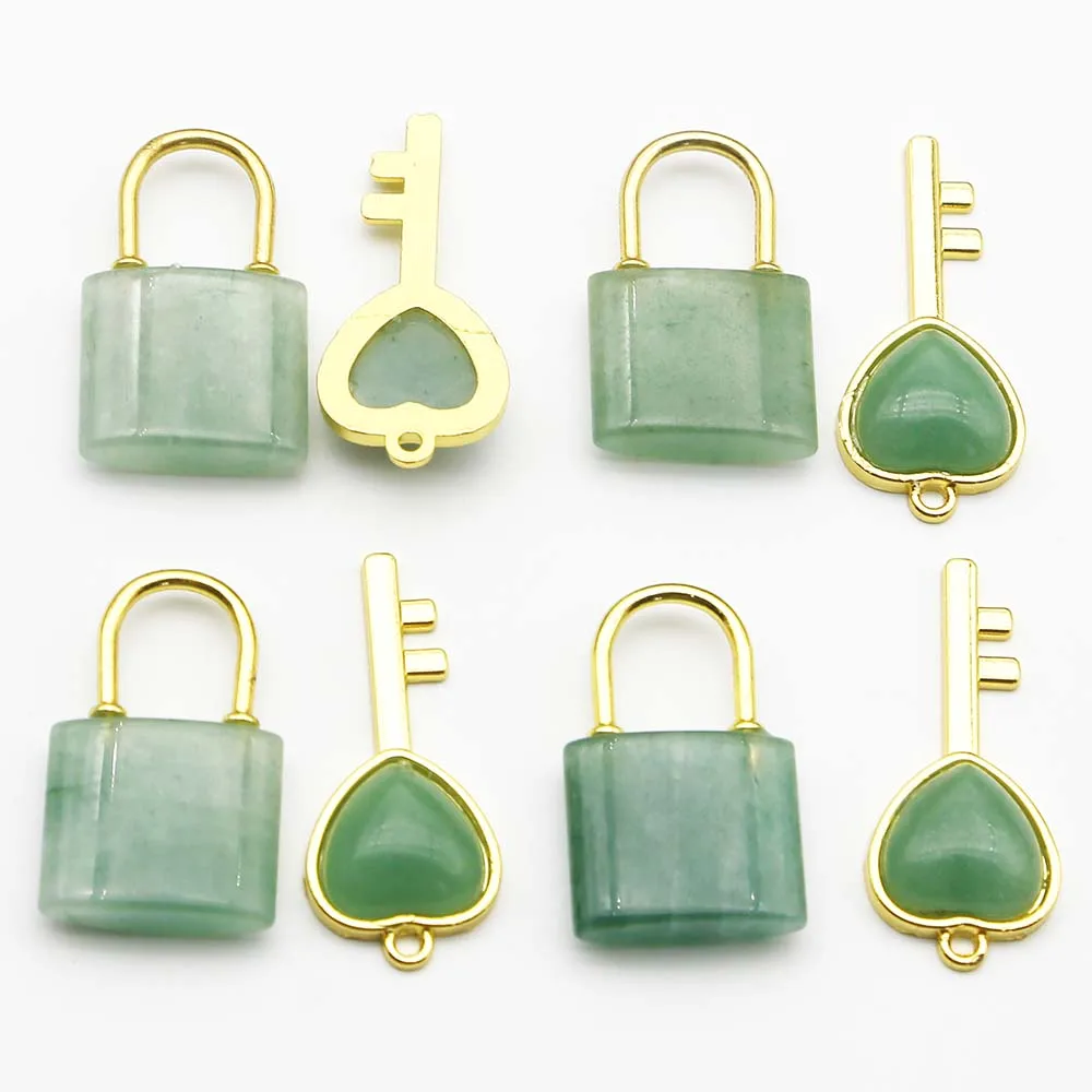 High Quality Natural Stone Crystal Heart Key Couple Lock Set Pendant Charm Fashion DIY Jewelry Gift Accessories Wholesale 6Setof