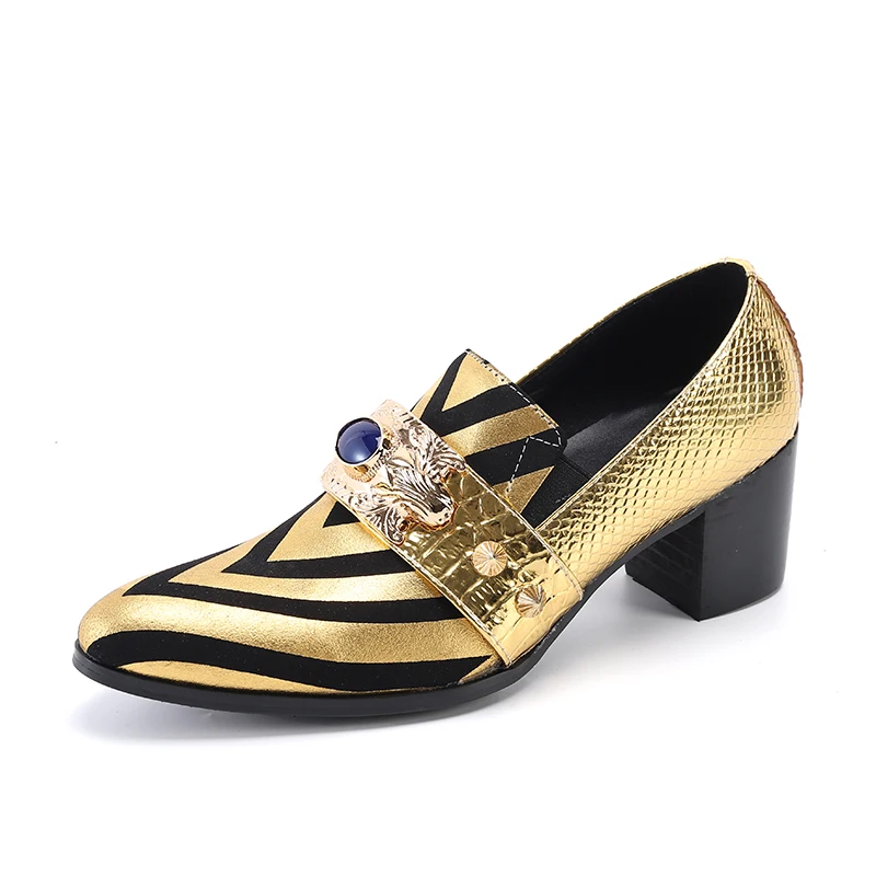 Plus Size Men's Gold Leather Shoes with Rivets and Stripes High-heeled Monk Strap Formal Shoes Club Party Leather Formal