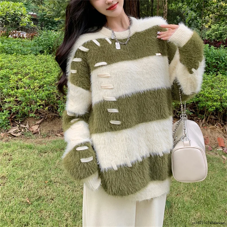 

2024 Striped mink fleece sweaters contrast gentle thickened pullovers Korean fashion warm y2k jumpers oversize soft knitwear