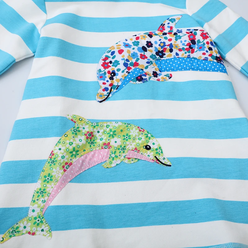 2025 New Long Sleeves Striped Dresses for Kids Clothes Girls Cartoon Dolphins Hoodies Dresses Children's Clothing