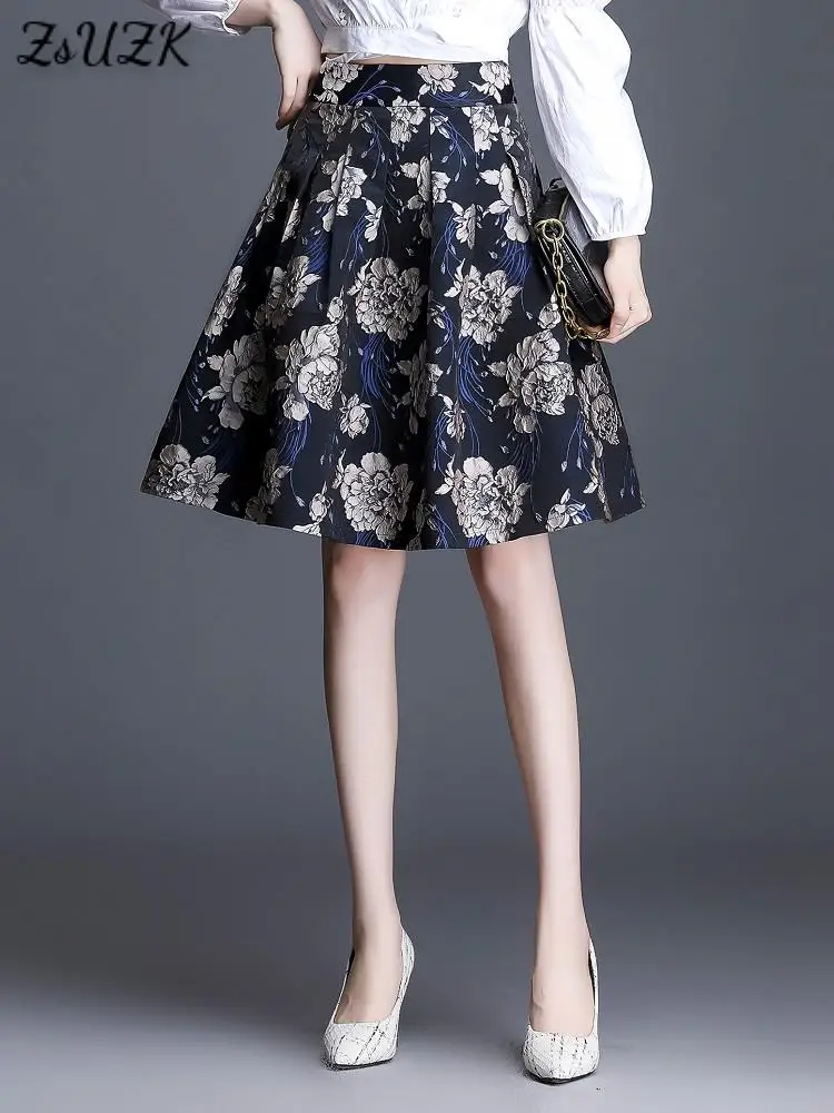 

High Quailty Women Printed A-line Skirt Spring High Waist Korean Fashion Skirt Office Lady Elegant Knee-Length Chic Short Skirts