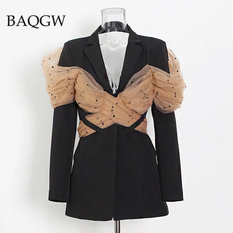 

Color Block Polka Dot Pattern Mesh Patchwork Jacket Fashion Notched Collar Long Sleeve Women Coat Sexy Backless Spring Autumn